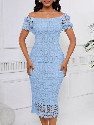 Light blue lace off-the-shoulder midi dress with short sleeves and scalloped hem