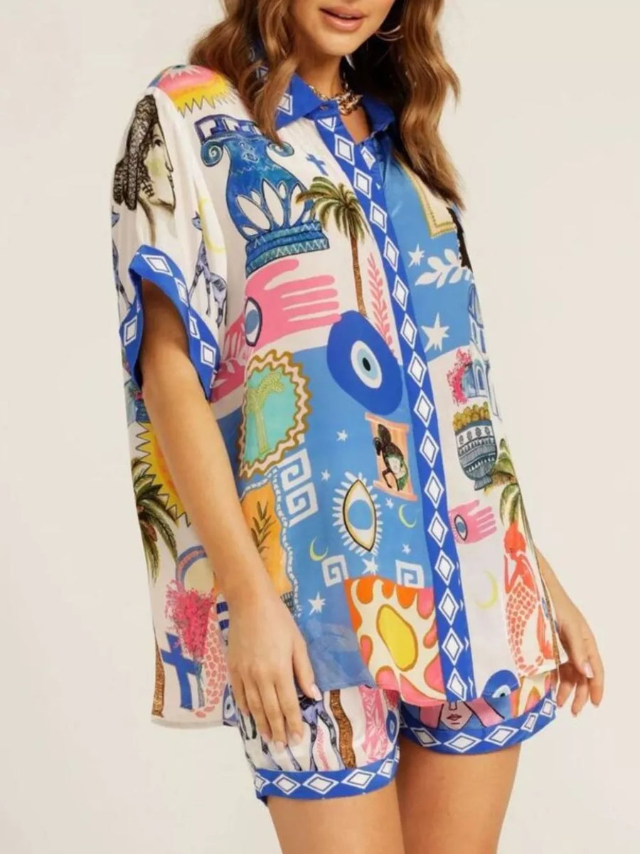 royal blue pajama set featuring pocketed and graphic print