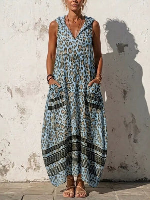 Blue Sleeveless Hooded Leopard Print Maxi Dress