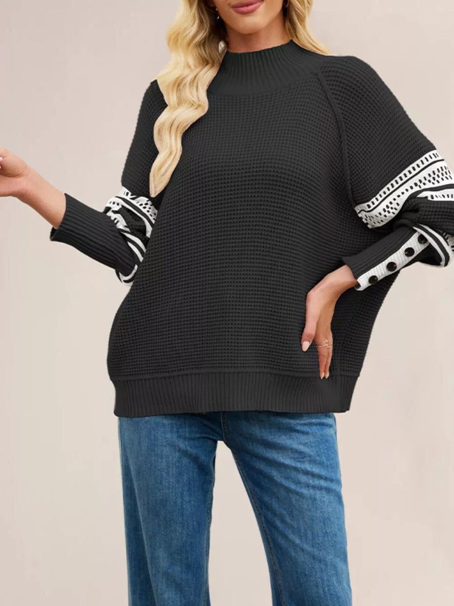 navy blue mock neck sweater with buttoned and long sleeve