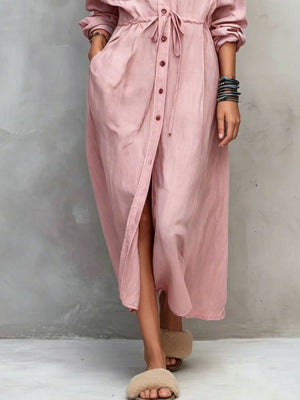 shirt dress in Navy with collared and long sleeve