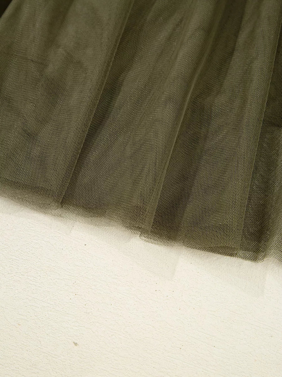Army green tulle midi skirt with a-line cut and gathered detail