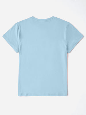 Light blue t-shirt with crew neck and short sleeves.