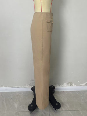 Khaki wide-leg pants with full-length and zip-front