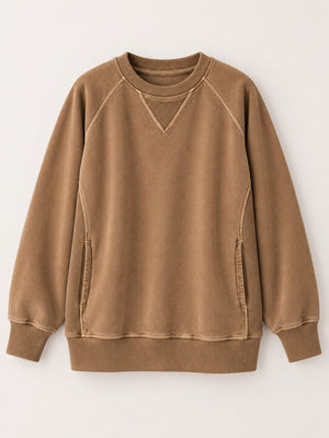 Crew Neck Raglan Sleeve Sweatshirt in Brown with ribbed