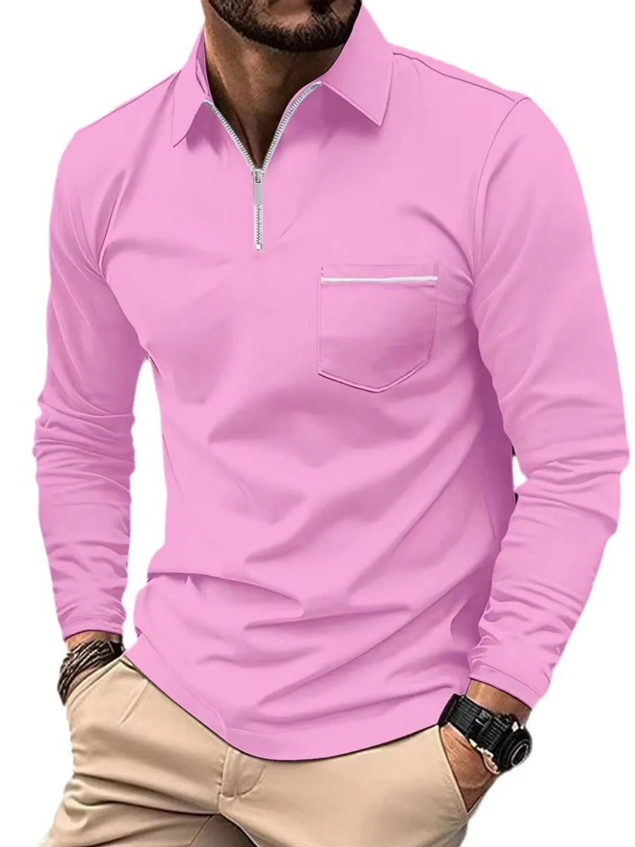 Pink long sleeve zip-front polo shirt with contrast pocket detail