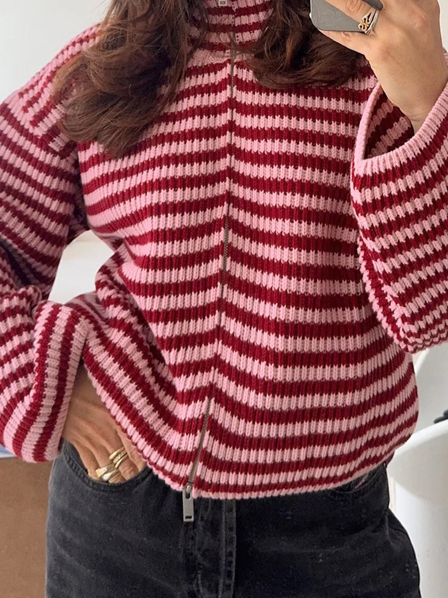 burgundy zip-up sweater featuring zipper and striped