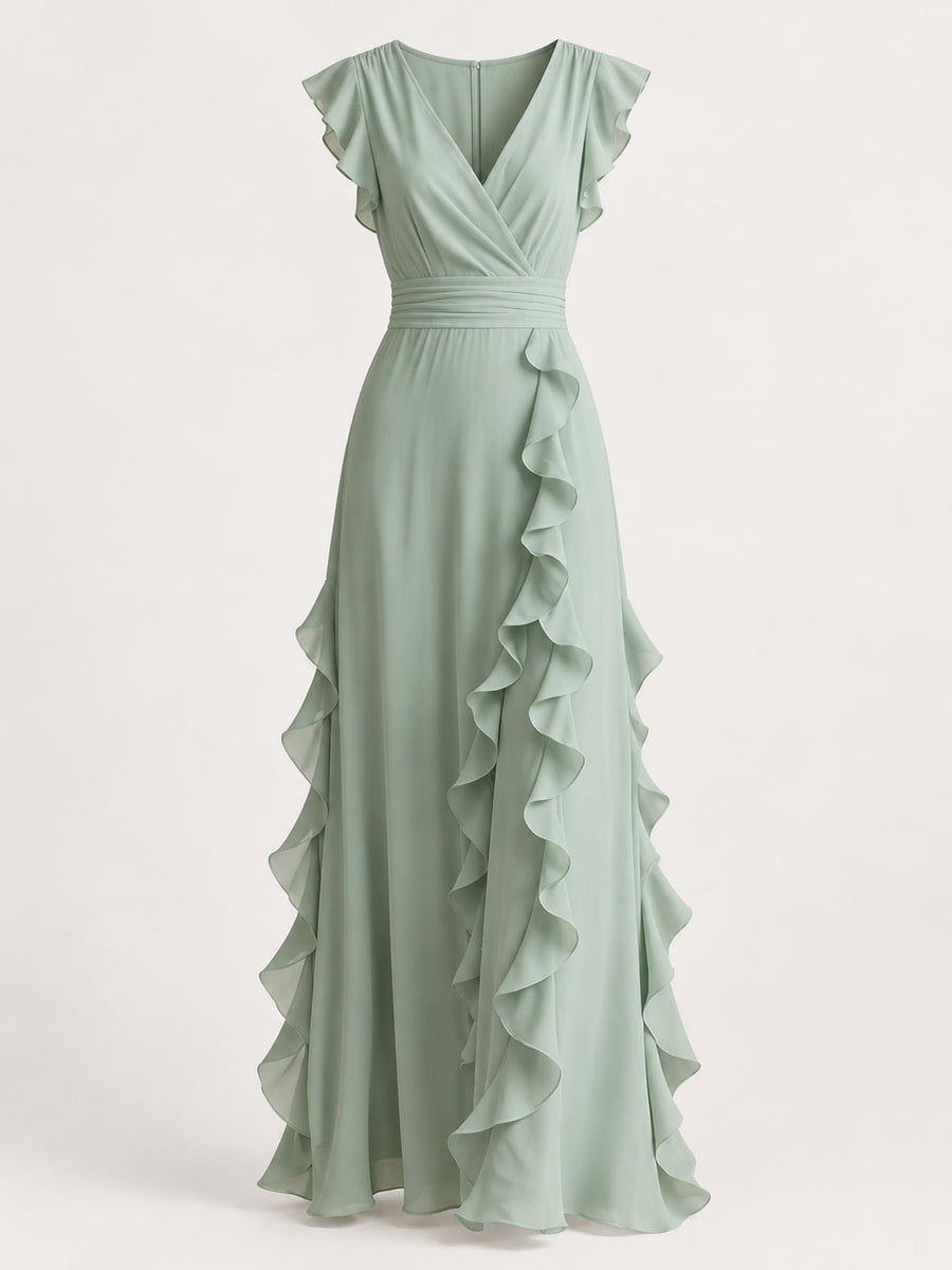 Graphite A-line maxi dress with deep v-neck