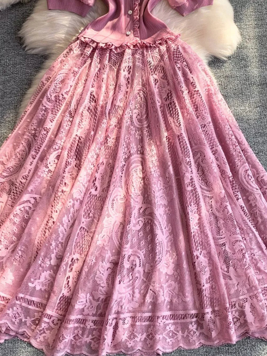 Pink lace dress with puff sleeves and button detail