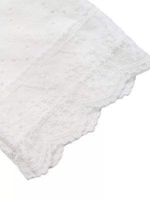 White eyelet lace detail maternity shirt with scalloped trim.