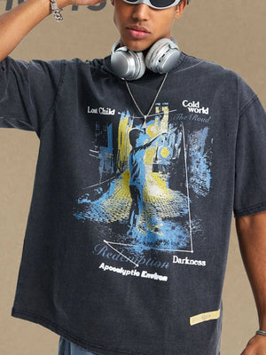 Black graphic tee with apocalyptic scene, Lost Child, Cold World, Redemption, and Darkness text.