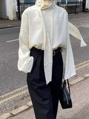ivory blouse with polka dot and scarf neck