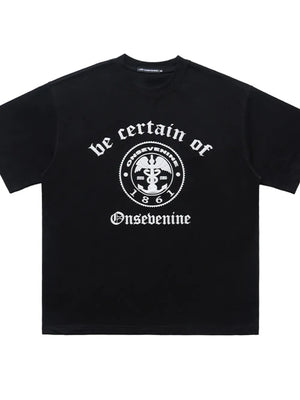 Black oversized graphic t-shirt with vintage-inspired print and crew neck.