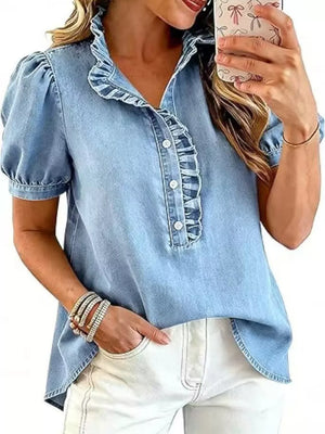Frill Puff Sleeve Denim Top in Dark Blue