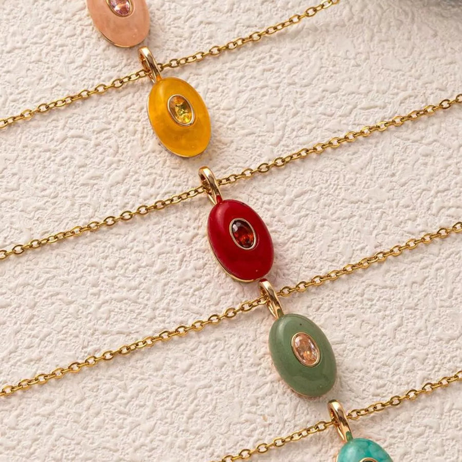 Natural Stone Pendant Necklace Stainless Steel Copper in Watermelon pink