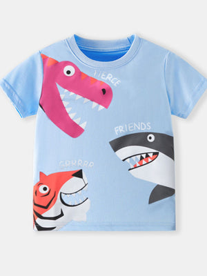 Light blue graphic t-shirt with dinosaur, shark, and tiger faces and text.