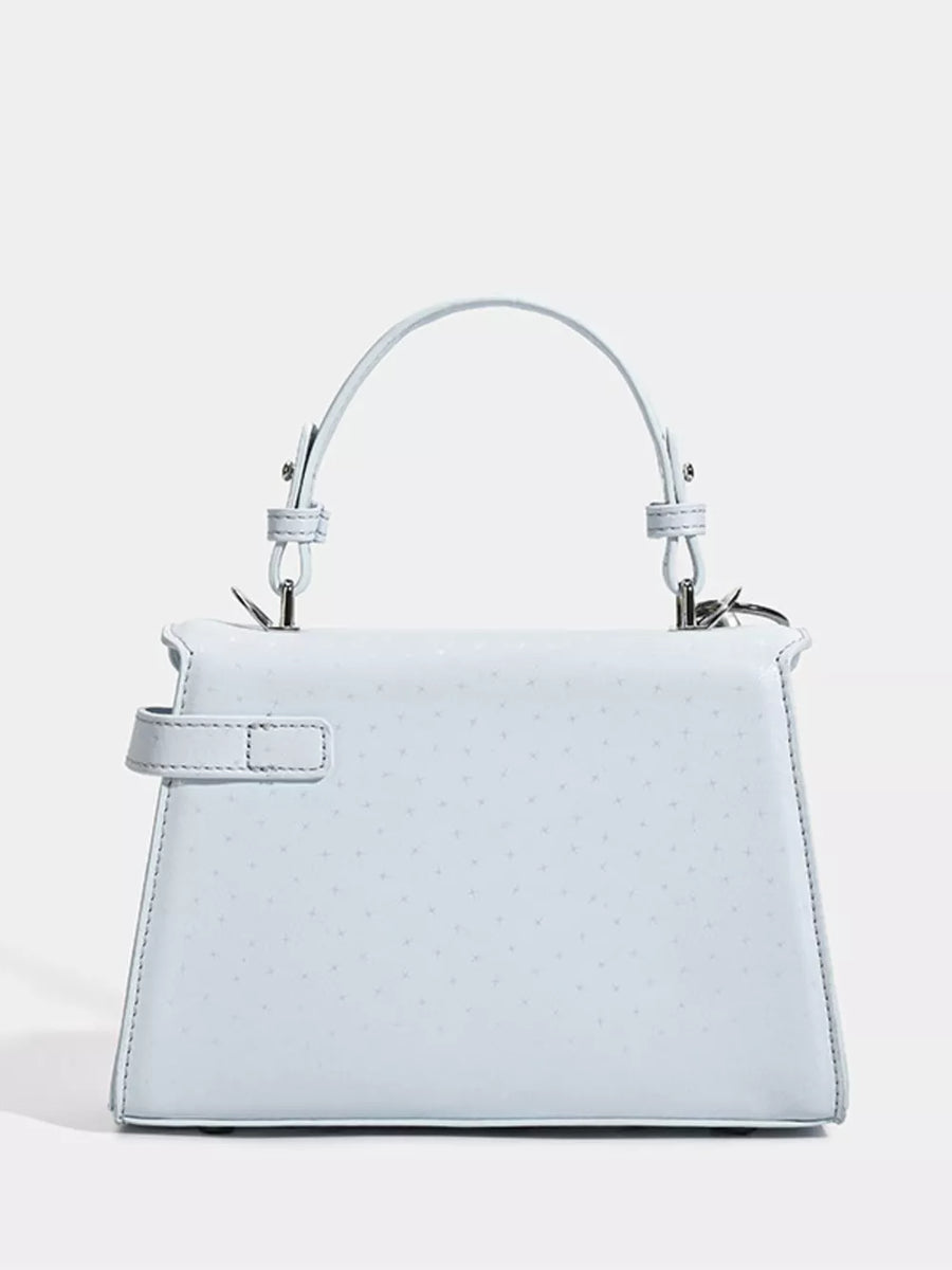 Chic mini pu leather tote in blue with buckle detail and subtle embossed pattern.