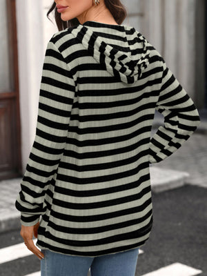 Casual Striped Ribbed Knit Hoodie in Apricot White Stripes with ribbed