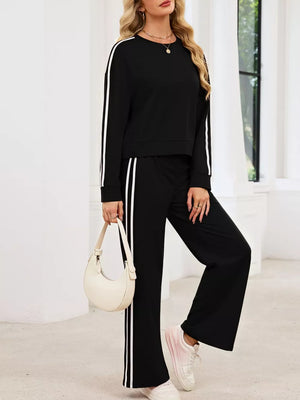 Black with Striped Round Neck Sweatshirt And Pants Set