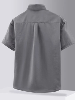 Grey short sleeve button-down shirt with back pleats and collar detail
