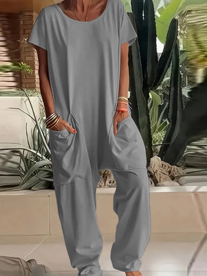 Loose Fit V-neck Short Sleeve Wide Leg Jumpsuit in Orange