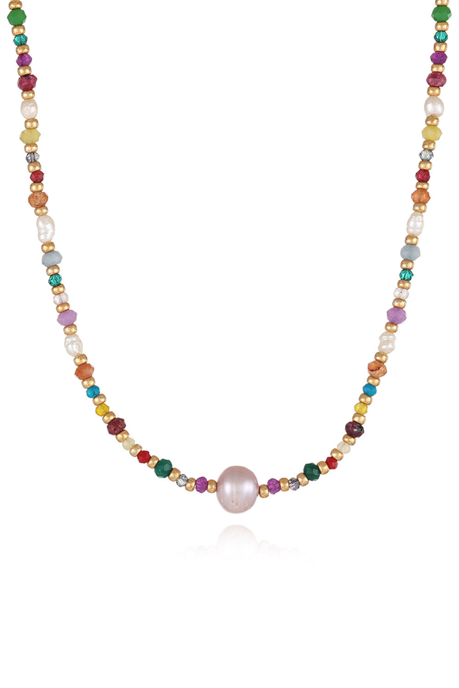 Multicolor beaded gemstone and pearl necklace with a large pink pearl centerpiece.