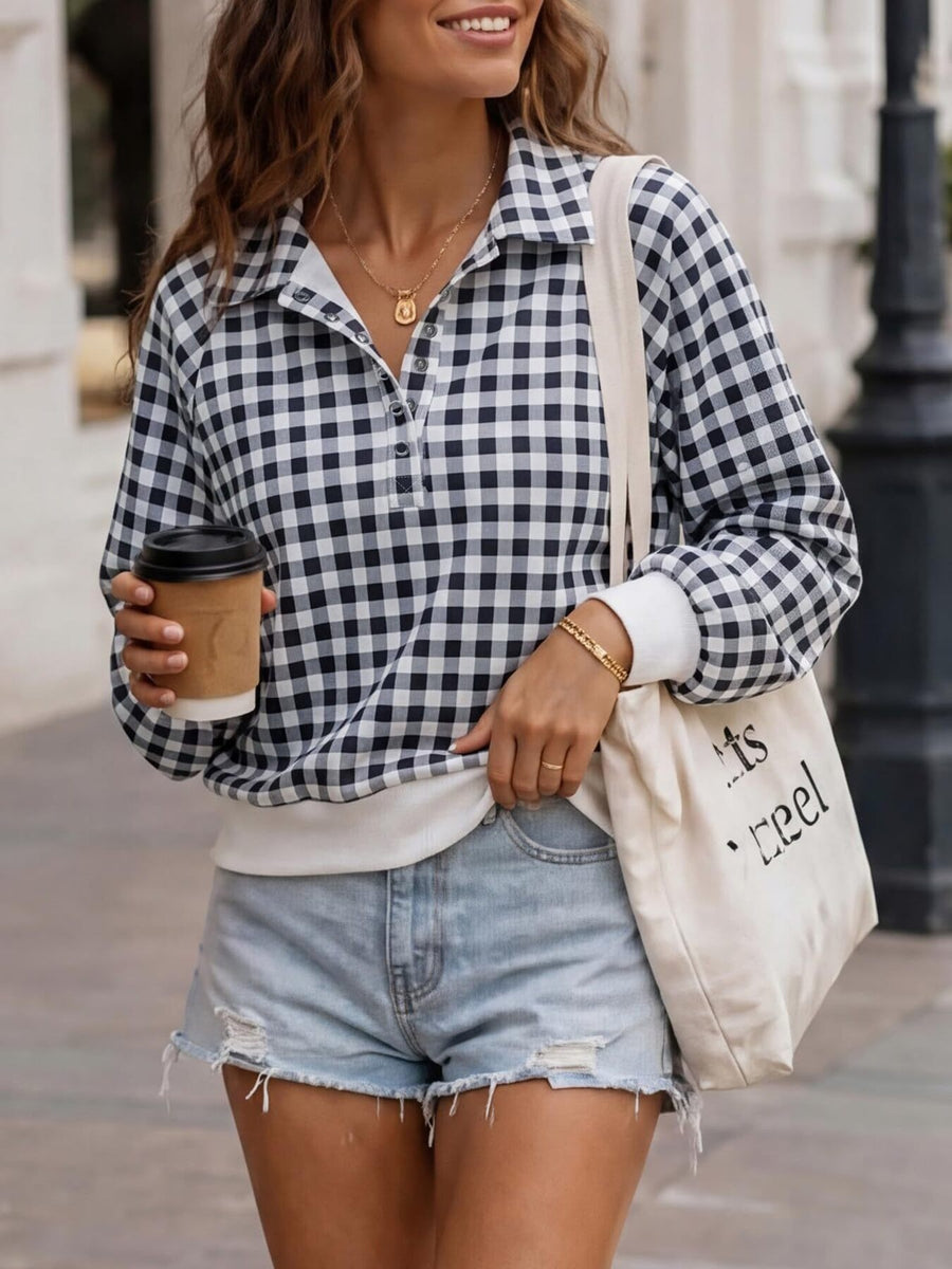 white sweatshirt featuring collared and gingham