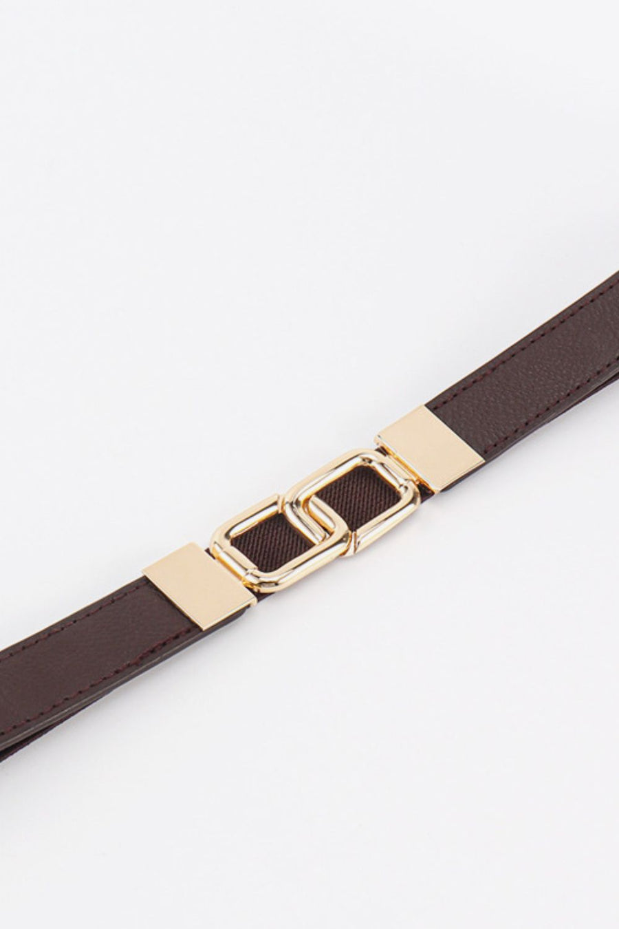 Chocolate brown belt with linked rectangle gold buckle and gold end caps