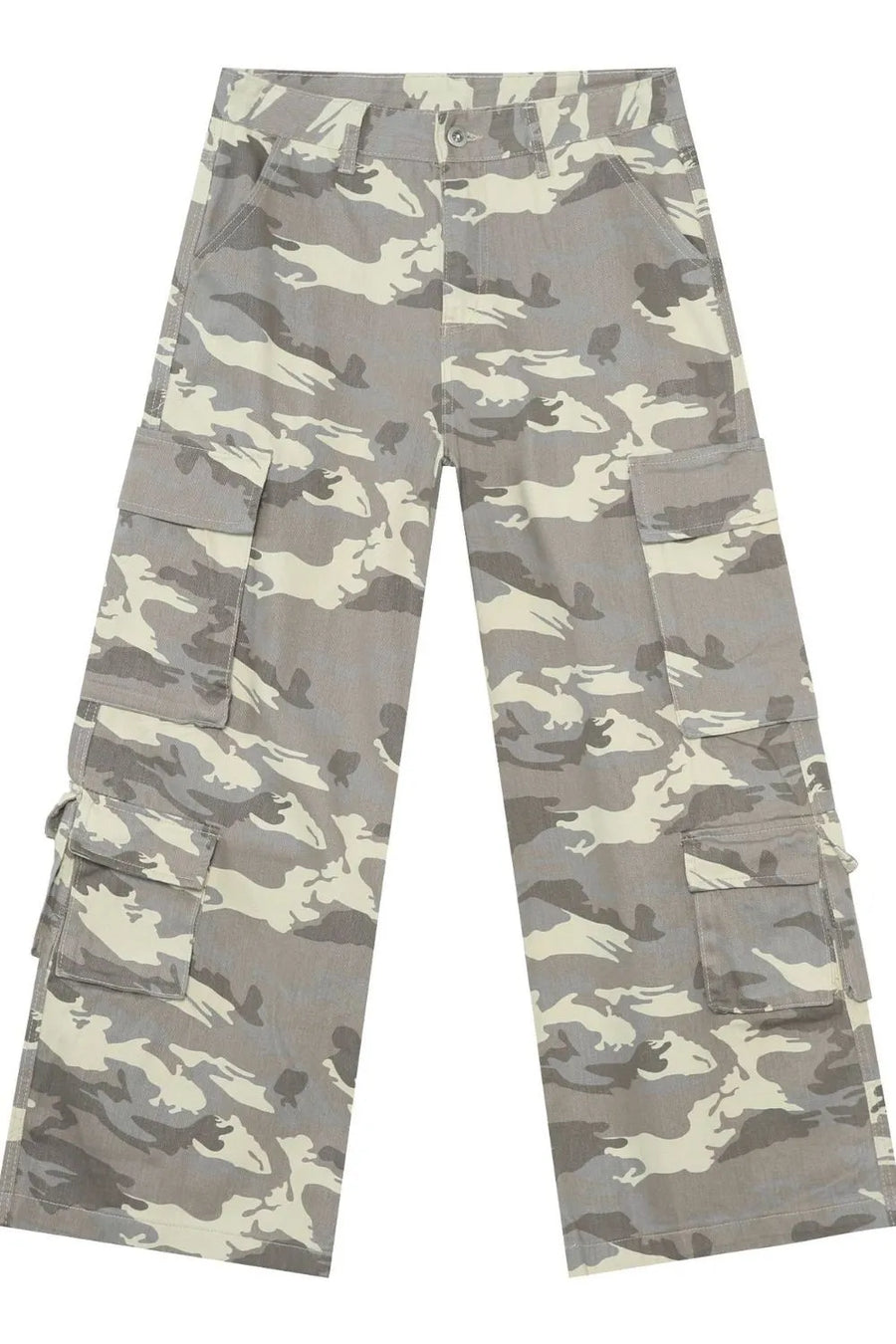 Urban Warrior cargo jeans in gray camouflage with multiple pockets and adjustable ankle ties.