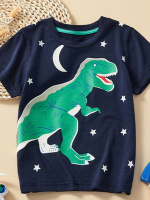 Children's dark navy crew neck t-shirt with a green dinosaur, moon, and stars print.