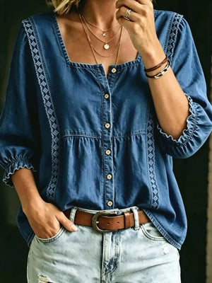 light blue button-down shirt with hip-length and button-front