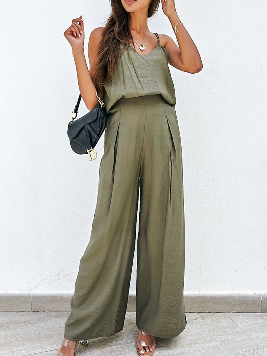 Matcha green pleated palazzo pants and cami set with wide legs.