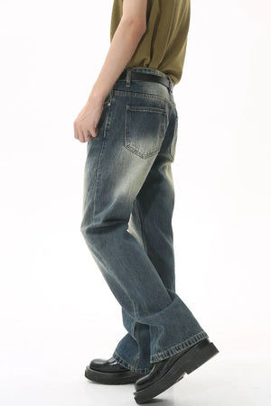 Panel seam washed denim trousers in dark blue with a relaxed fit.