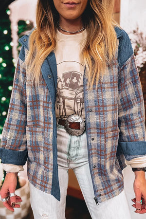 blue jacket with plaid and collared