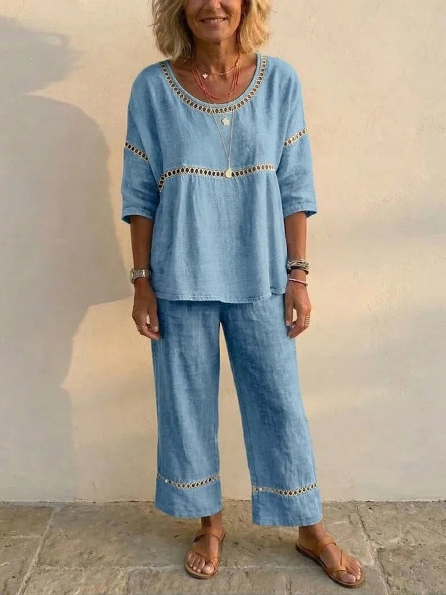 bohemian Pants Set in White with round neck