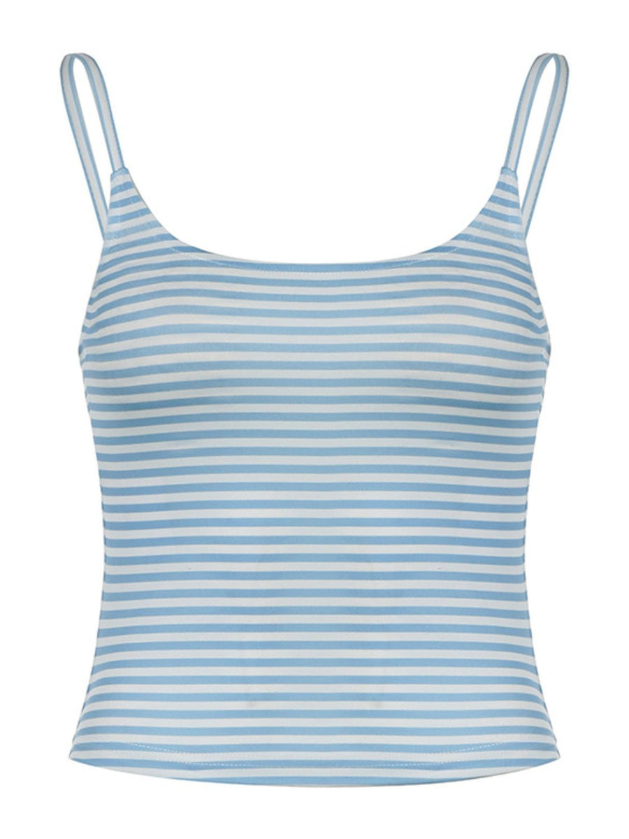 Light blue and white striped ribbed scoop tank top with thin straps.