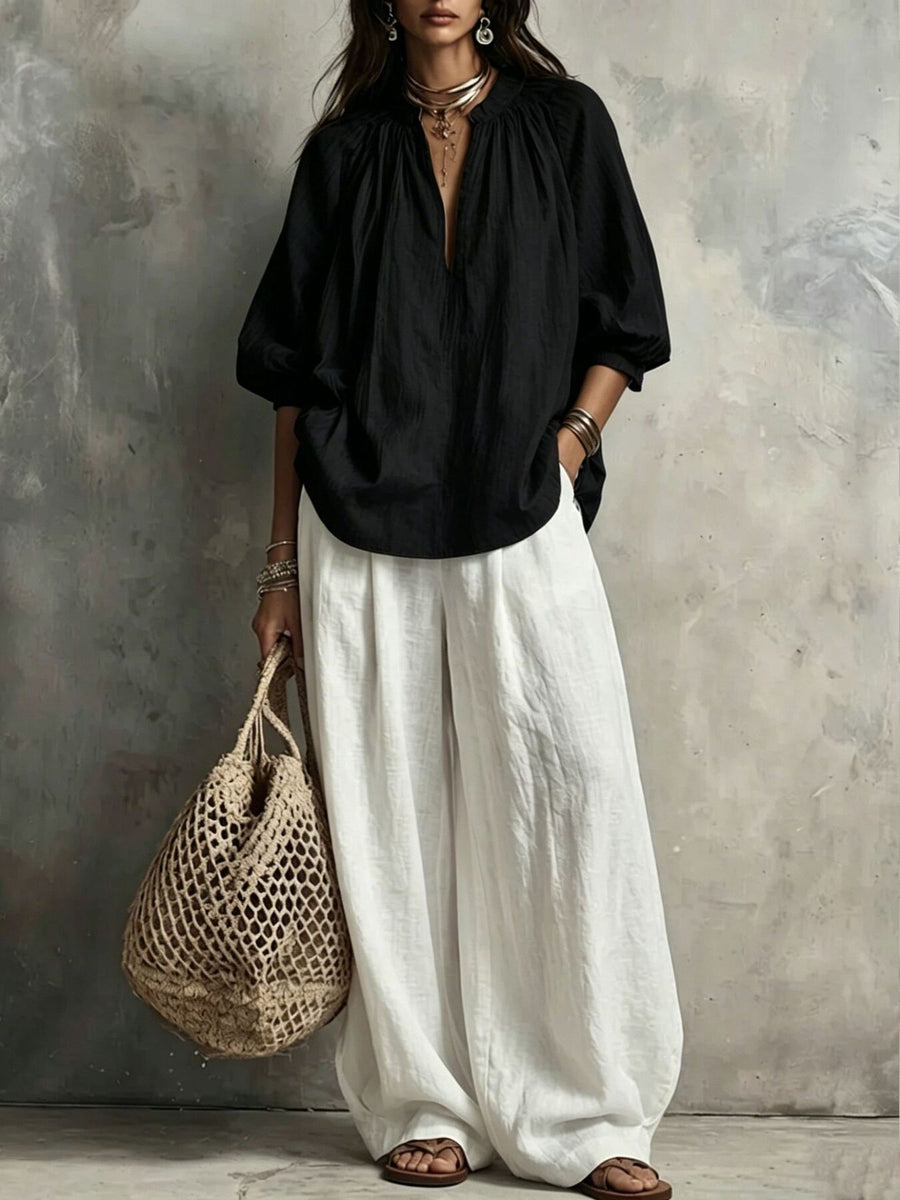 Gray blouse and wide-leg pants set with hip-length blouse, full-length pants and pullover