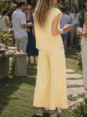 Light Yellow lounge set with cropped and pullover, drawstring