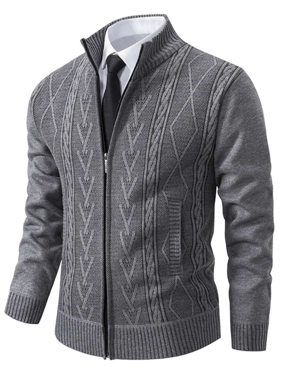 Beige cardigan with hip-length and zip-front
