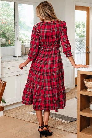 Deep Red with Christmas Plaid V Neck Tie Waist Midi Dress