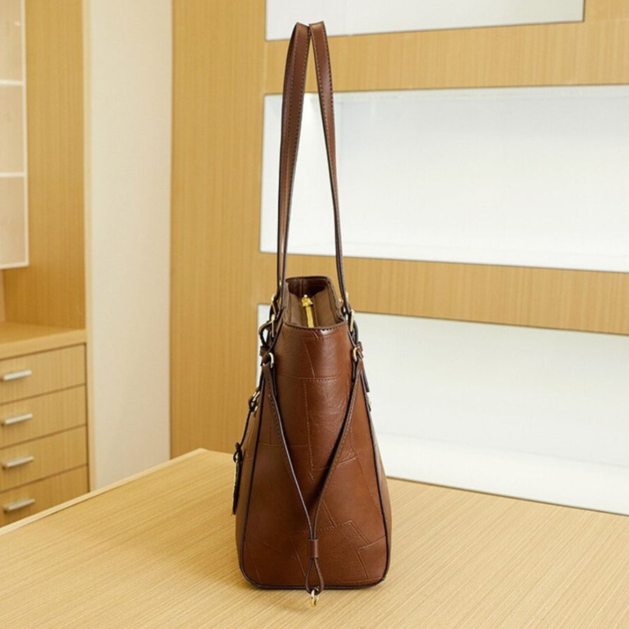 Brown with tote with patchwork with gold logo charm