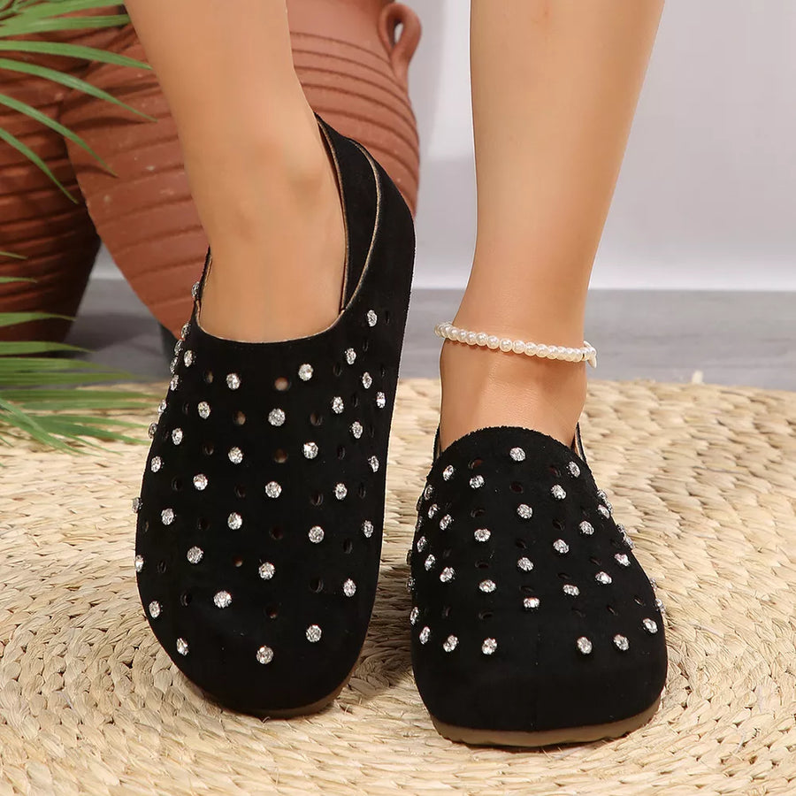 Polyester, Rubber, Rhinestone Imported Size & slip-ons in beige with flats silhouette