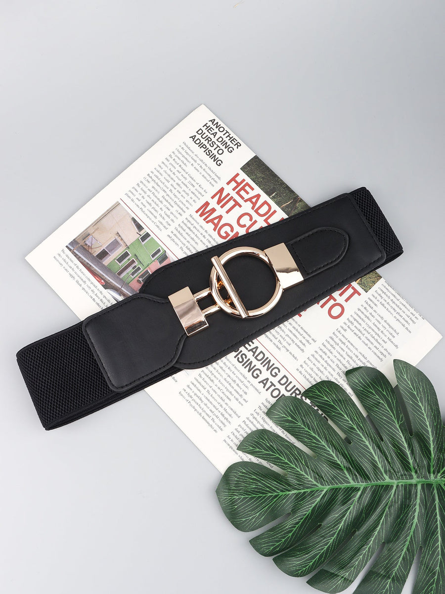 Black elastic belt with a sculpted gold buckle and faux leather front panel.