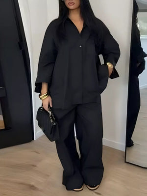 navy blue two-piece set with wide-leg and long sleeve