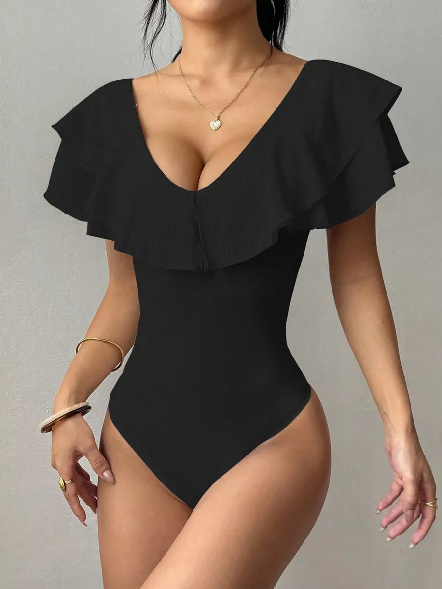 Ruffle Trim V-neck Bodysuit in Black with ruffled