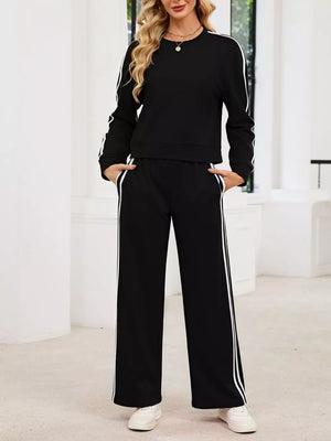 Striped Round Neck Sweatshirt And Pants Set in Red