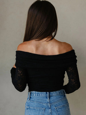 Black lace-embellished off-shoulder slim maternity overshirt with long sleeves.