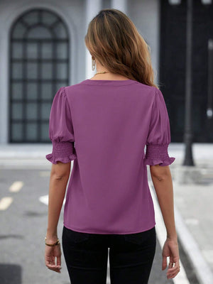 Shirred Sleeve Plunge Neckline Blouse in White