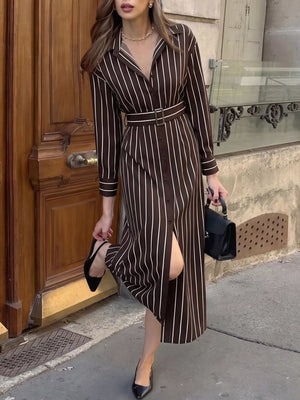brown shirt dress with maxi and button-front