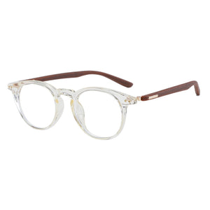 Chic round frame eyeglasses with clear acetate and brown wood arms.